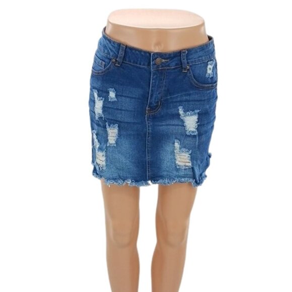 WAX Jean Denim Skirt Blue Distressed Mini Womens Size M - Picture 1 of 6